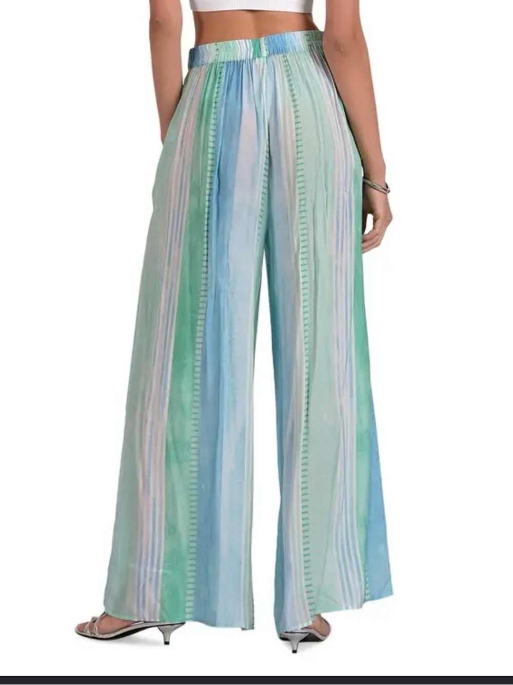 Elan Pastel Blue & Green Striped Wide-Leg Palazzo Pants